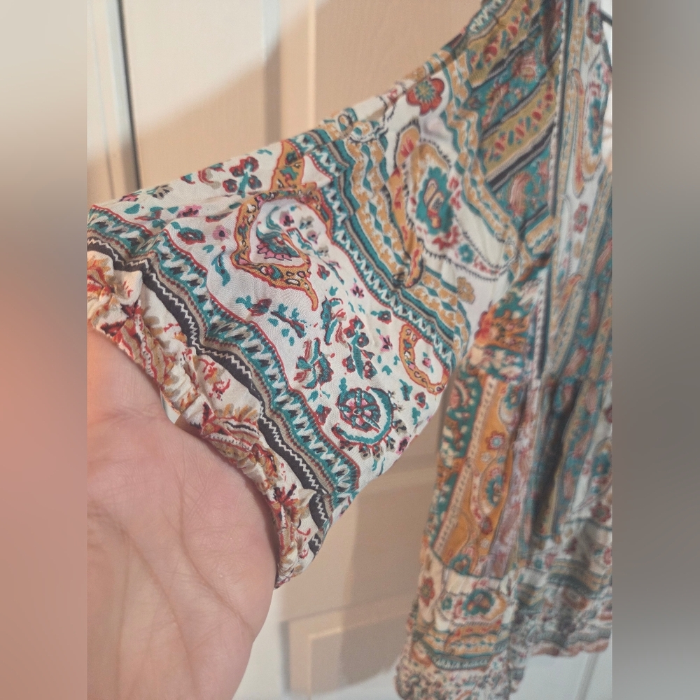 Umgee Boho Paisley Mini Dress in Mustard, Teal & Rust - Picture 4 of 9